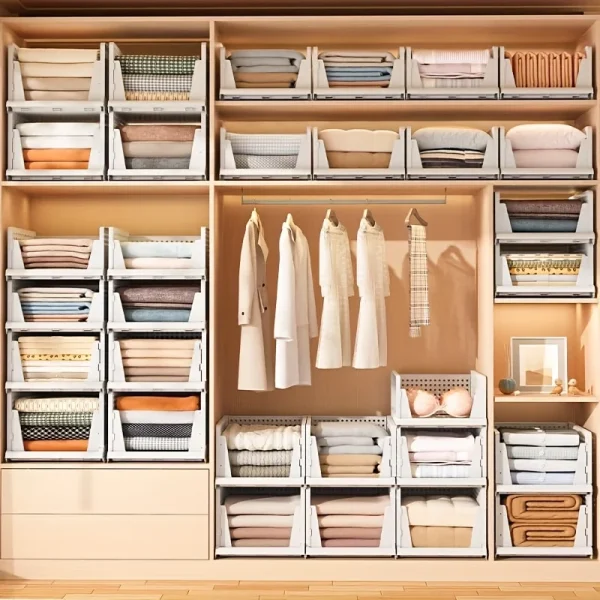 2/4pcs Stackable Foldable Wardrobe Storage Box Organiser, Plastic White Wardrobe Shelves, Suitable for Home, Bedroom, Kitchen
