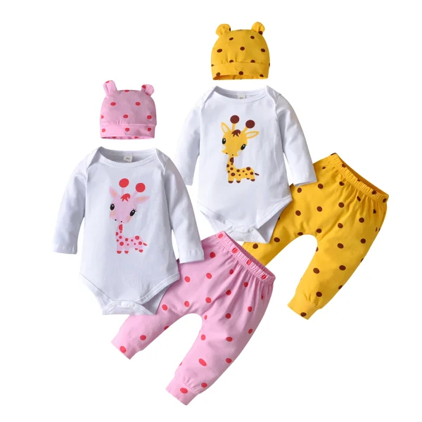 Se57f7f54066a44d29712ea346e5050f1D-2.webp Newborn Baby Girl Clothes Long Sleeve Giraffe Print Romper Tops Dot Pants With Hat Infant Outfits Set